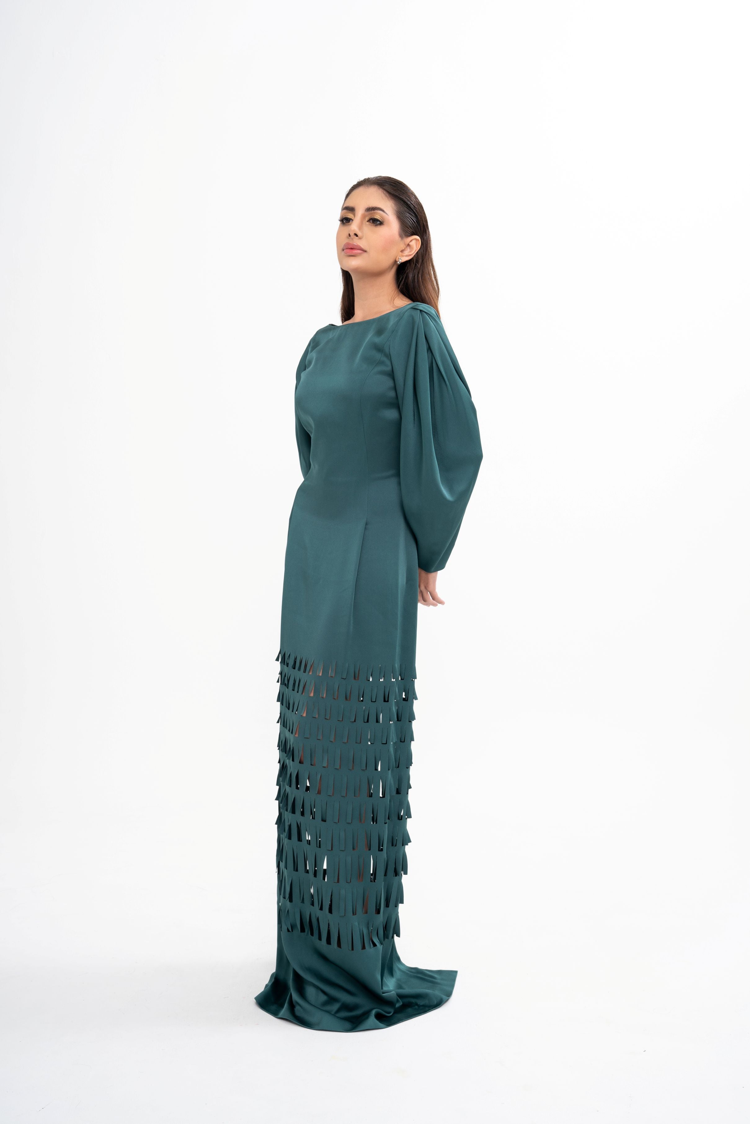 Alberta Ferretti satin-crepe maxi dress for rental, featuring laser-cut detailing and buttoned cuffs, photographed in Sri Hartamas, Malaysia.