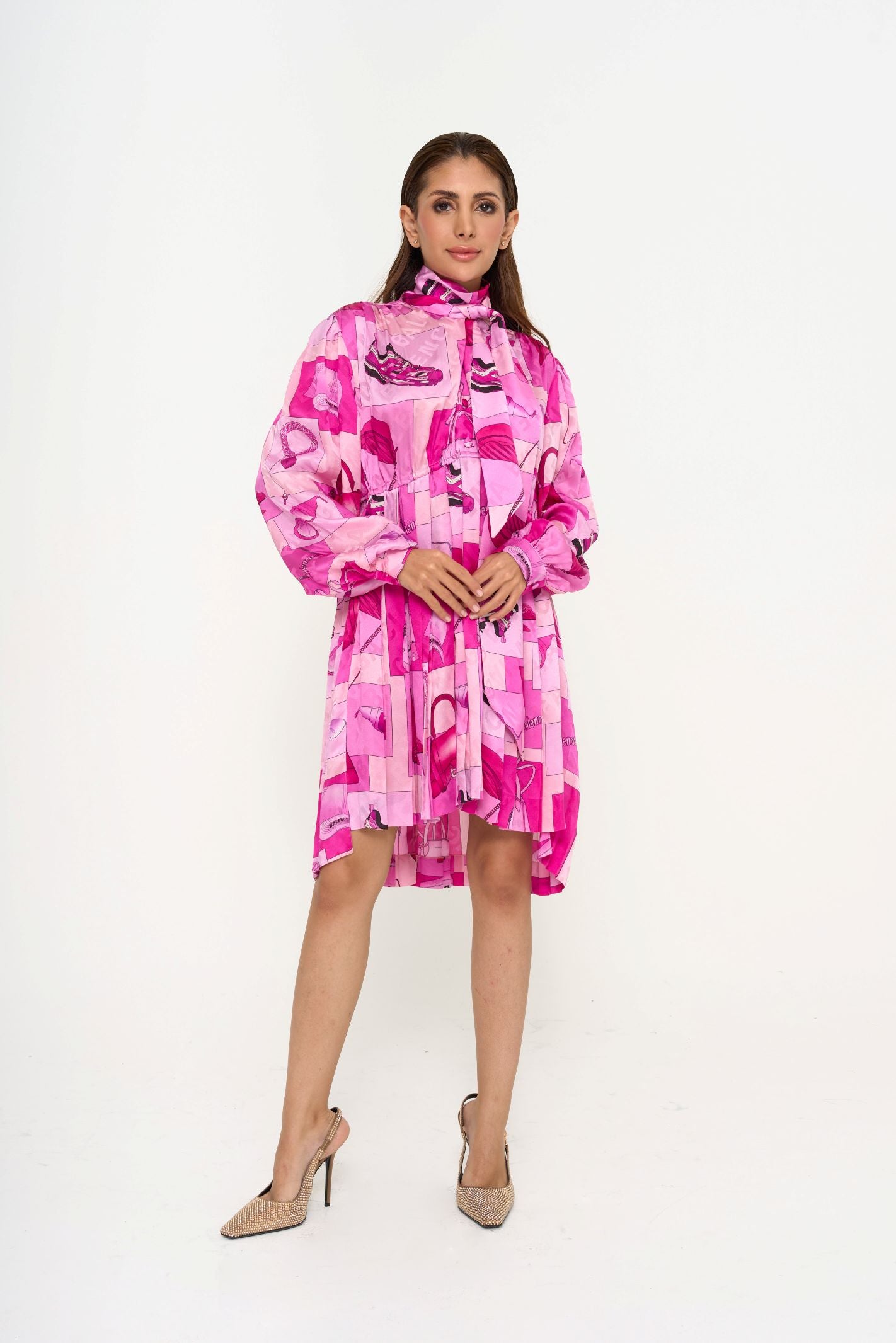 Balenciaga pink silk mini shirt dress front view first pose rental Sri Hartamas Kuala Lumpur
