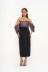 Badgley Mischka off-the-shoulder midi dress in silver lamé and black crepe for rental, photographed in Sri Hartamas, Malaysia.