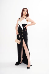 The Balmain gown styled, showcasing the long slit and the wrap-style silhouette, available for rental in Kuala Lumpur, Malaysia