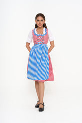 Full-length German Bavarian Midi Dirndl, showing the red checkered dress, blue apron, and white blouse.