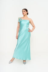 Model wearing Gucci turquoise silk maxi dress with flower brooch front view rental KL boutique