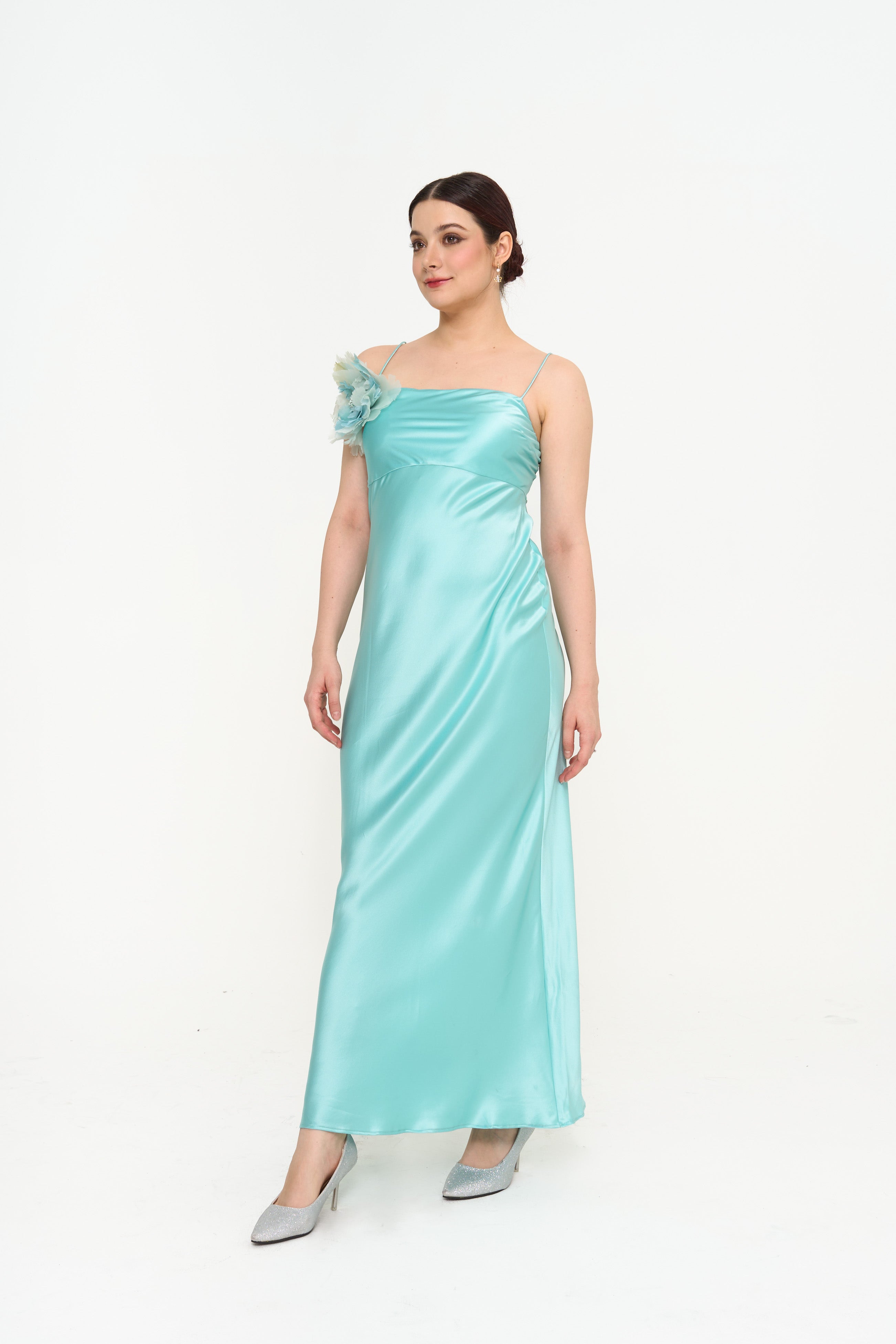 Gucci turquoise silk maxi dress with flower brooch side front view rental Sri Hartamas Kuala Lumpur