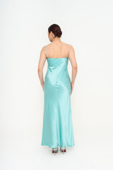 Back view of Gucci turquoise silk maxi dress with delicate straps rental Sri Hartamas Malaysia”