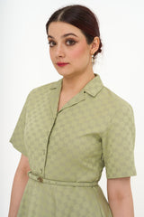 Close-up of Gucci GG midi dress gabardine fabric and Double G belt rental Malaysia