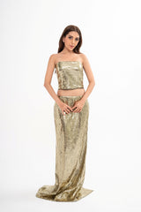 Dolce & Gabbana sequined strapless crop top for rental, featuring a fitted silhouette and a dramatic low back, photographed in Sri Hartamas, Malaysia.