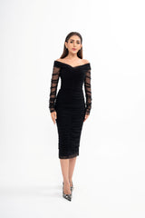 Dolce & Gabbana 'La Petite Robe Noire' dress for rental, featuring a black cotton-blend with ruched design and crossover front, photographed in Sri Hartamas, Malaysia.
