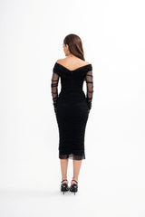 Back view of the black ruched dress, emphasizing the seamless concealed hook and zip fastening, available for rental in Kuala Lumpur, Malaysia.