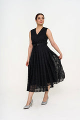 Model wearing Fendi organza embroidered black silk midi dress rental Kuala Lumpur boutique