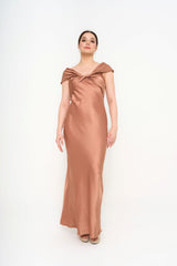 Full-length view of the gown on a model, showcasing the fluid slim fit and the graceful drape of the full-length skirt.