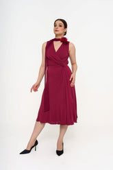 Full front-side view of Gucci burgundy maxi dress with flower scarf detail