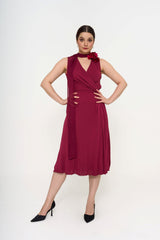 Full front view of model posing in Gucci burgundy maxi dress with silk flower scarf