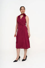 Side-angled full view of Gucci burgundy satin runway dress