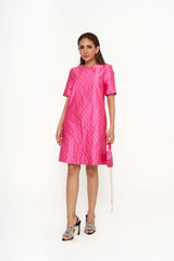 Side angle front view of Gucci Monogram Silk Mini pink designer dress rental KL boutique