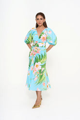 Carolina Herrera floral-print midi dress with puffed sleeves and detachable belt for rental, photographed in Sri Hartamas, Malaysia