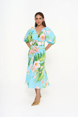 Carolina Herrera floral-print midi dress with puffed sleeves and detachable belt for rental, photographed in Sri Hartamas, Malaysia