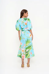 Back view of the Carolina Herrera dress, emphasizing the seamless concealed zip fastening and the structure of the puffed sleeves, available for rental in Kuala Lumpur, Malaysia.