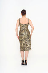 Back view of the black and gold Carolina Herrera dress, emphasizing the seamless look of the concealed zip fastening, available for rental in Kuala Lumpur, Malaysia.