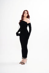 The JPG maxi dress styled, showcasing the long, elegant silhouette and the dramatic matching long gloves.