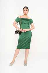 Lela Rose off-the-shoulder midi dress in lustrous emerald green satin-crepe with internal boning for rental, photographed in Sri Hartamas, Malaysia.