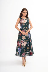 Marchesa Notte designer dress for rental, crafted from forest green brocade fabric with a flared hem, photographed in Sri Hartamas, Malaysia.