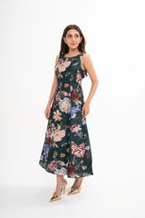 The dress styled, showcasing the chic front cutout detail and the elegant flared hem.