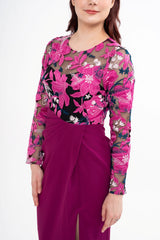 Close-up detail of the sleeve, highlighting the intricate embroidered lace and tulle texture, available for rental in Kuala Lumpur, Malaysia.