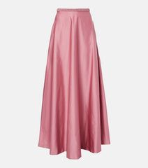 MaxMara Peonia Pink satin maxi skirt for rental, featuring a high-waisted silhouette and a flowing maxi length, photographed in Sri Hartamas, Malaysia