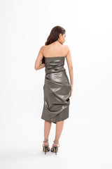 Back view of the Mugler asymmetric strapless mini dress with metallic ruched detailing and cinched waist for rental, photographed in Sri Hartamas, Malaysia.