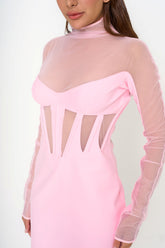 Close-up of the dress bodice, showing the architectural boned detailing and the translucent effect of the tulle panels.