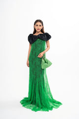 Nina Ricci maxi gown for rental, featuring a taffeta bow embellishment and intricate lace and paneled detailing, photographed in Sri Hartamas, Malaysia.