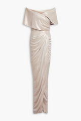 RHEA COSTA - RENT metallic jersey offshoulder gown