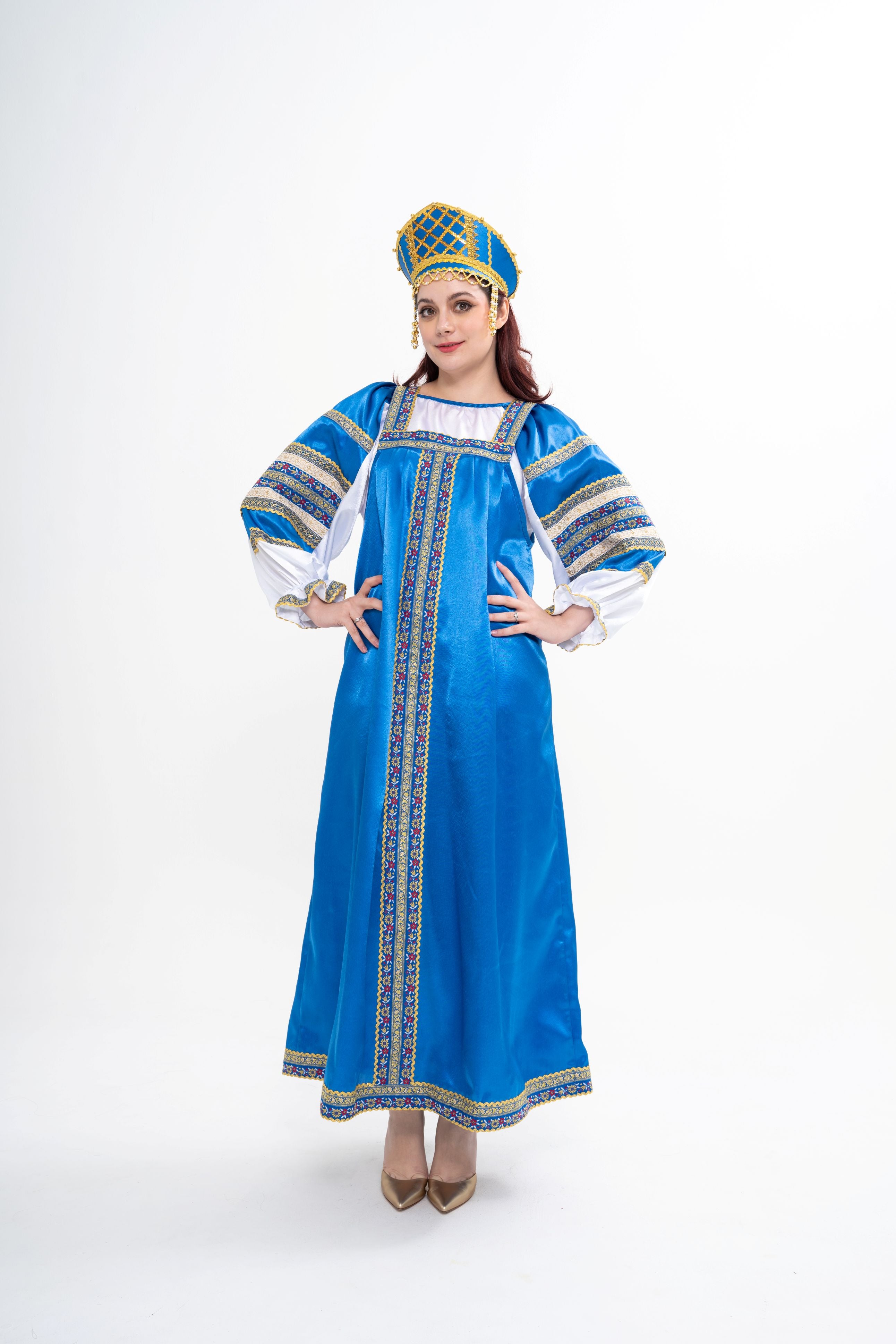 Traditional Russian Vasilisa costume for rental, featuring an ornate sarafan, decorated blouse, and pearl-beaded Kokoshnik tiara, photographed in Sri Hartamas, Malaysia.