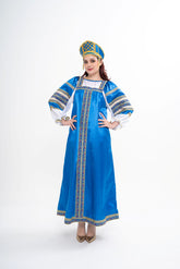 Traditional Russian Vasilisa costume for rental, featuring an ornate sarafan, decorated blouse, and pearl-beaded Kokoshnik tiara, photographed in Sri Hartamas, Malaysia.