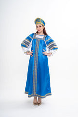 Traditional Russian Vasilisa costume for rental, featuring an ornate sarafan, decorated blouse, and pearl-beaded Kokoshnik tiara, photographed in Sri Hartamas, Malaysia.