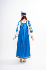 Back view of the Russian Vasilisa sarafan dress, emphasizing the flowing structure and decorative patterns, available for rental in Kuala Lumpur, Malaysia