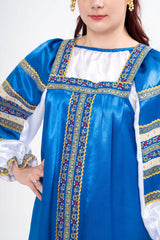 Close-up of the majestic Russian Kokoshnik tiara, highlighting the tall shape and the intricate golden and white pearl beadwork.