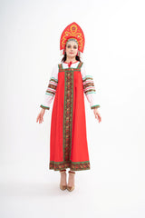 Full view of the Russian sarafan dress and rubashka blouse, emphasizing the traditional fit and cultural style, available for rental in Kuala Lumpur, Malaysia.