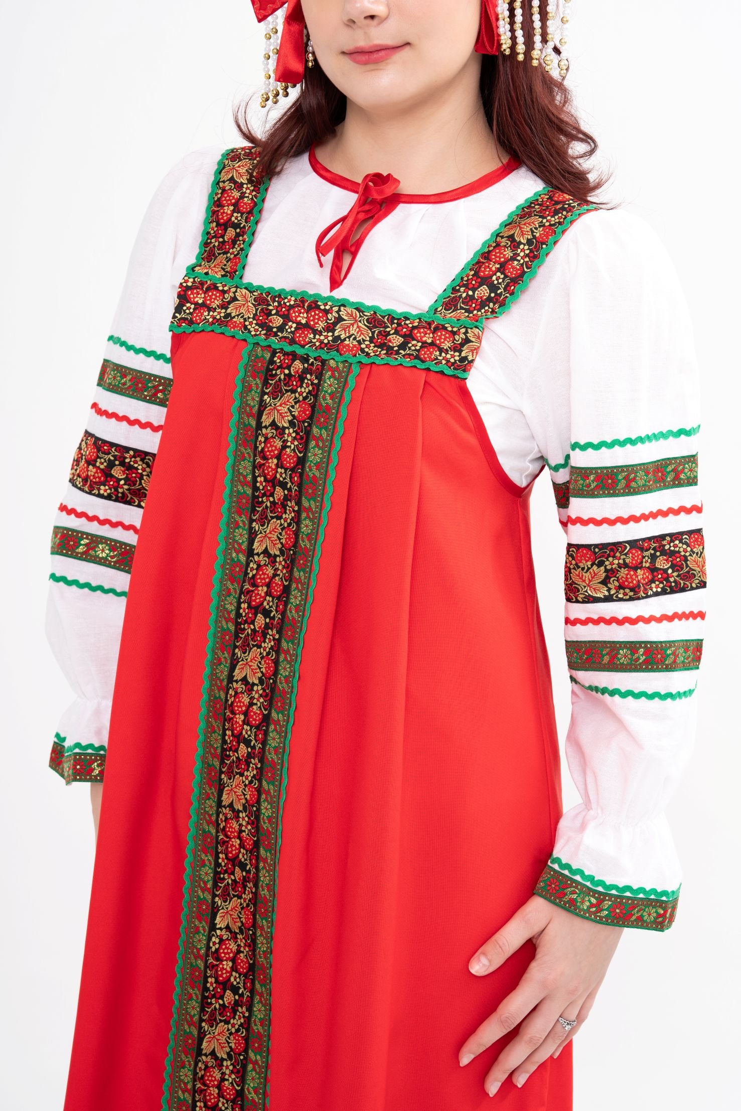 Close-up of the authentic Russian Kokoshnik traditional headpiece, highlighting the shape and fine embroidery detailing, for rental.