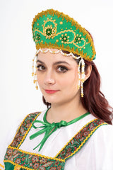 Close-up of the Kokoshnik traditional headpiece, highlighting the shape and embroidered detailing.