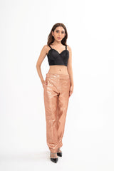 Tom Ford straight-leg trousers for rental, made from iridescent rose gold glittered sablé fabric with pressed creases, photographed in Sri Hartamas, Malaysia