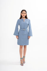 Valentino light blue mini dress for rental, crafted from wool and silk crepe with a detachable belt, photographed in Sri Hartamas, Malaysia.