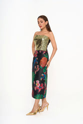 Valentino mid-length jacquard skirt featuring a vibrant parrots and floral print with metallic accents for rental, photographed in Sri Hartamas, Malaysia.