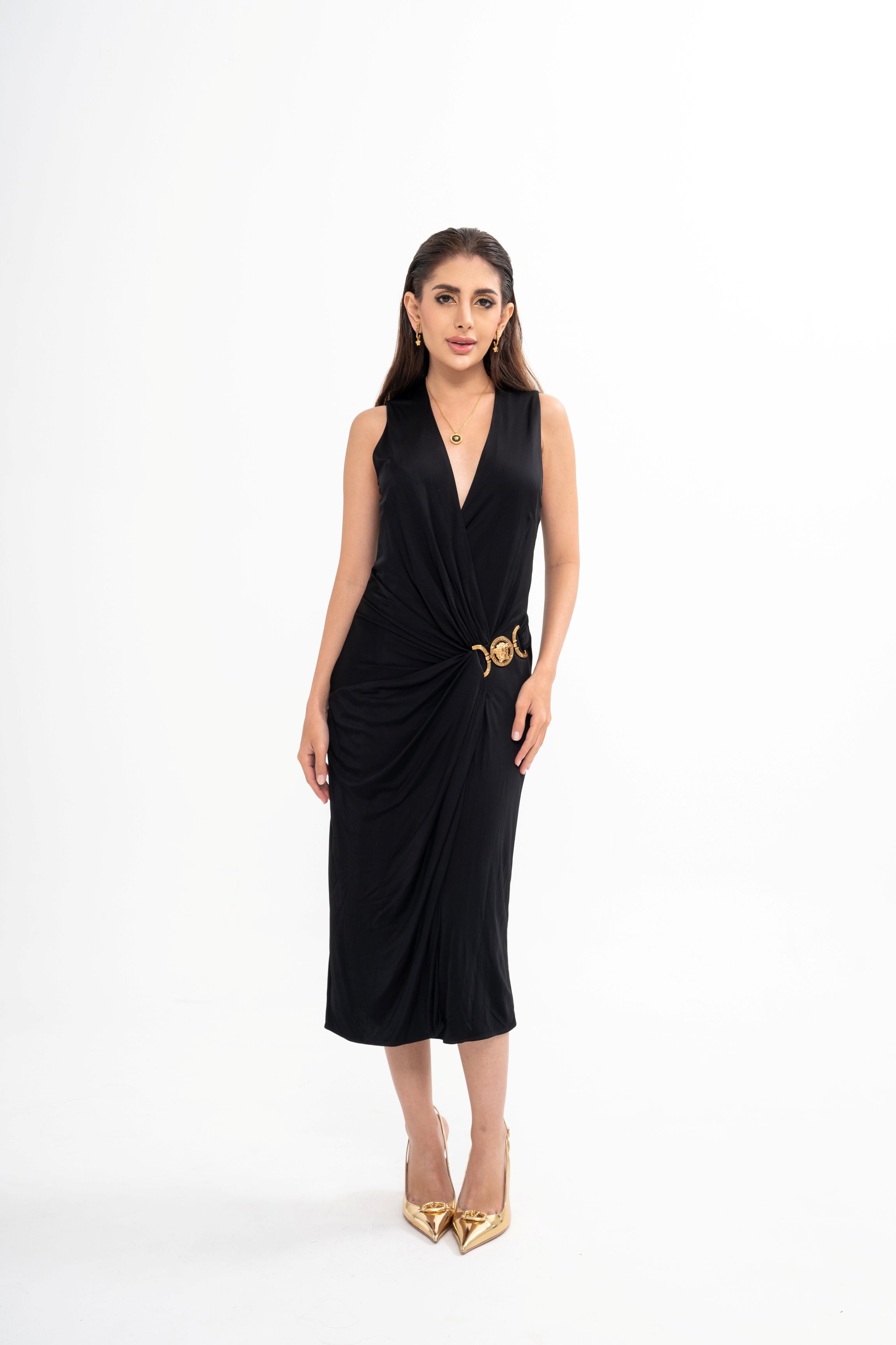 Versace midi cocktail dress for rental, featuring a draped waist and iconic gold Medusa logo detail, available for doorstep delivery across Malaysia.