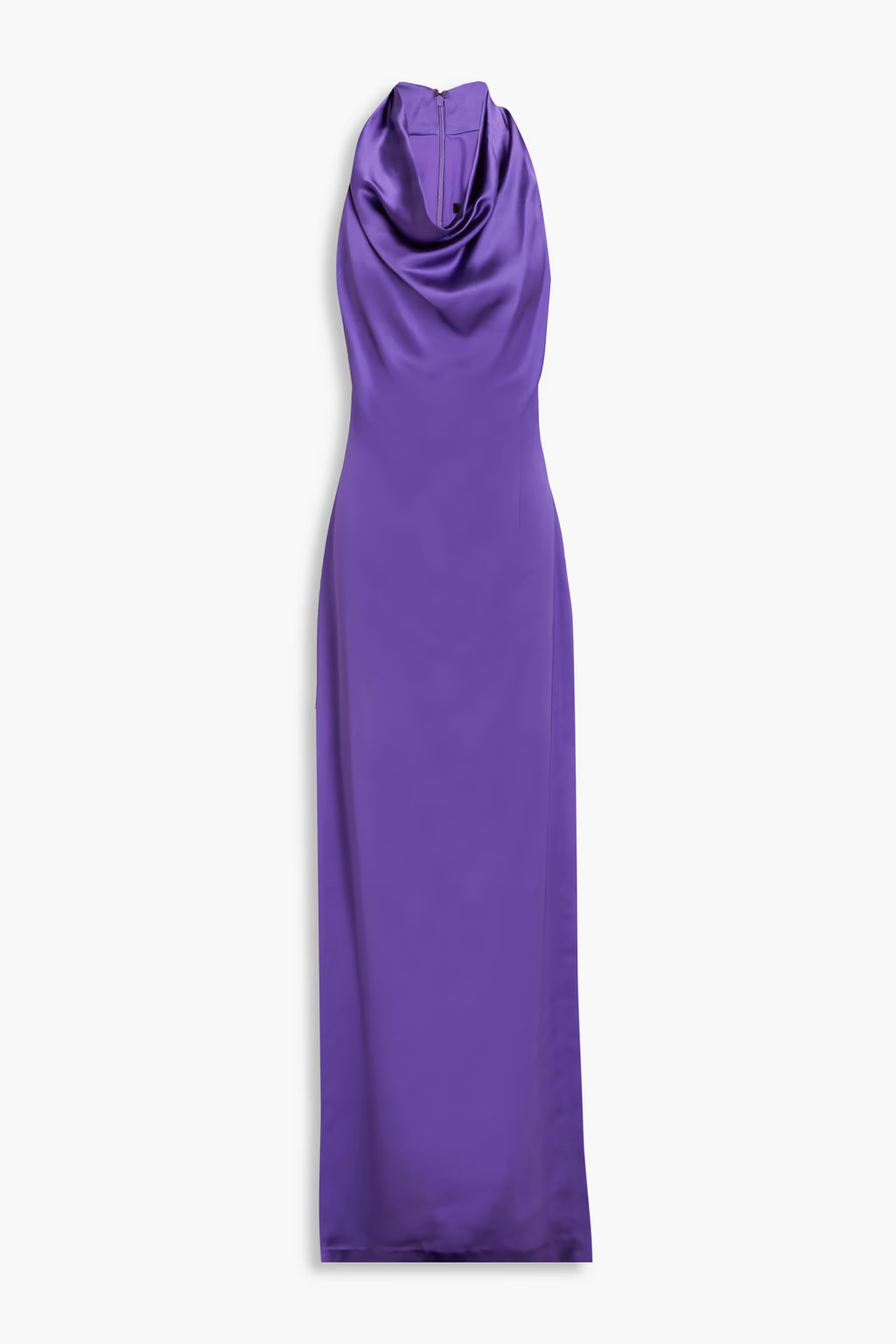 Full-length view of the Badgley Mischka draped satin gown, highlighting the fluid silhouette and side split.