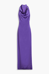 Full-length view of the Badgley Mischka draped satin gown, highlighting the fluid silhouette and side split.