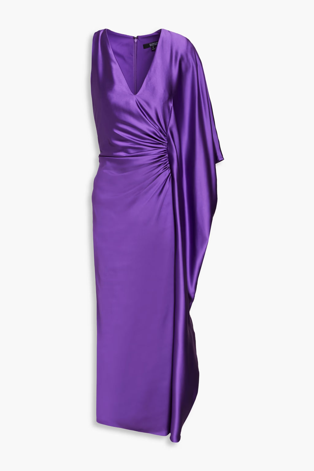 Full-length view of the Badgley Mischka purple asymmetric gown, highlighting the dramatic draped panel.