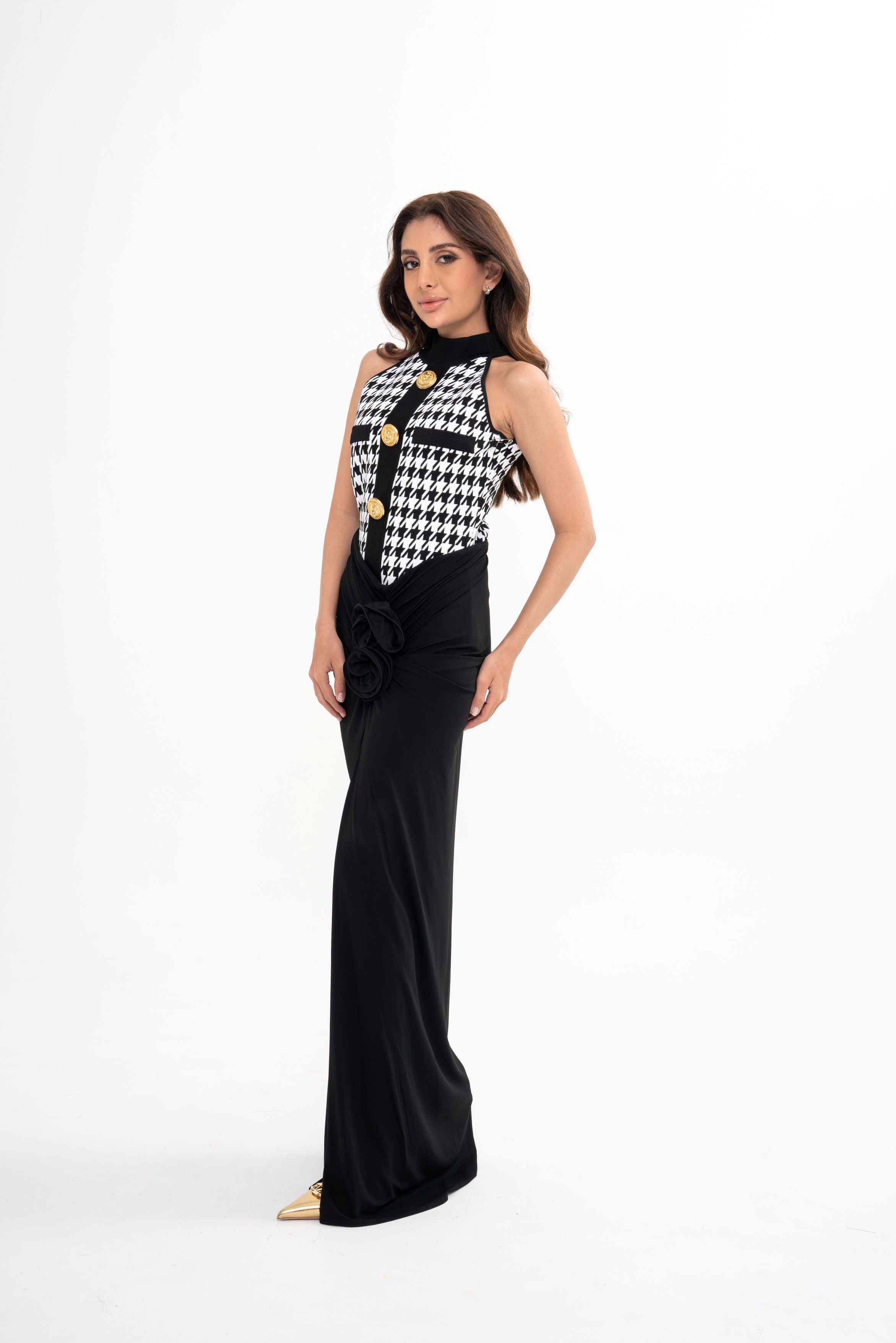 Balmain houndstooth jacquard bodysuit for rental, featuring gold button embellishments and a high neckline
