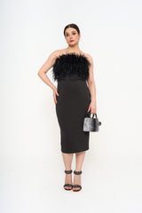 Badgley Mischka Strapless feather-embellished scuba midi dress (IT44)