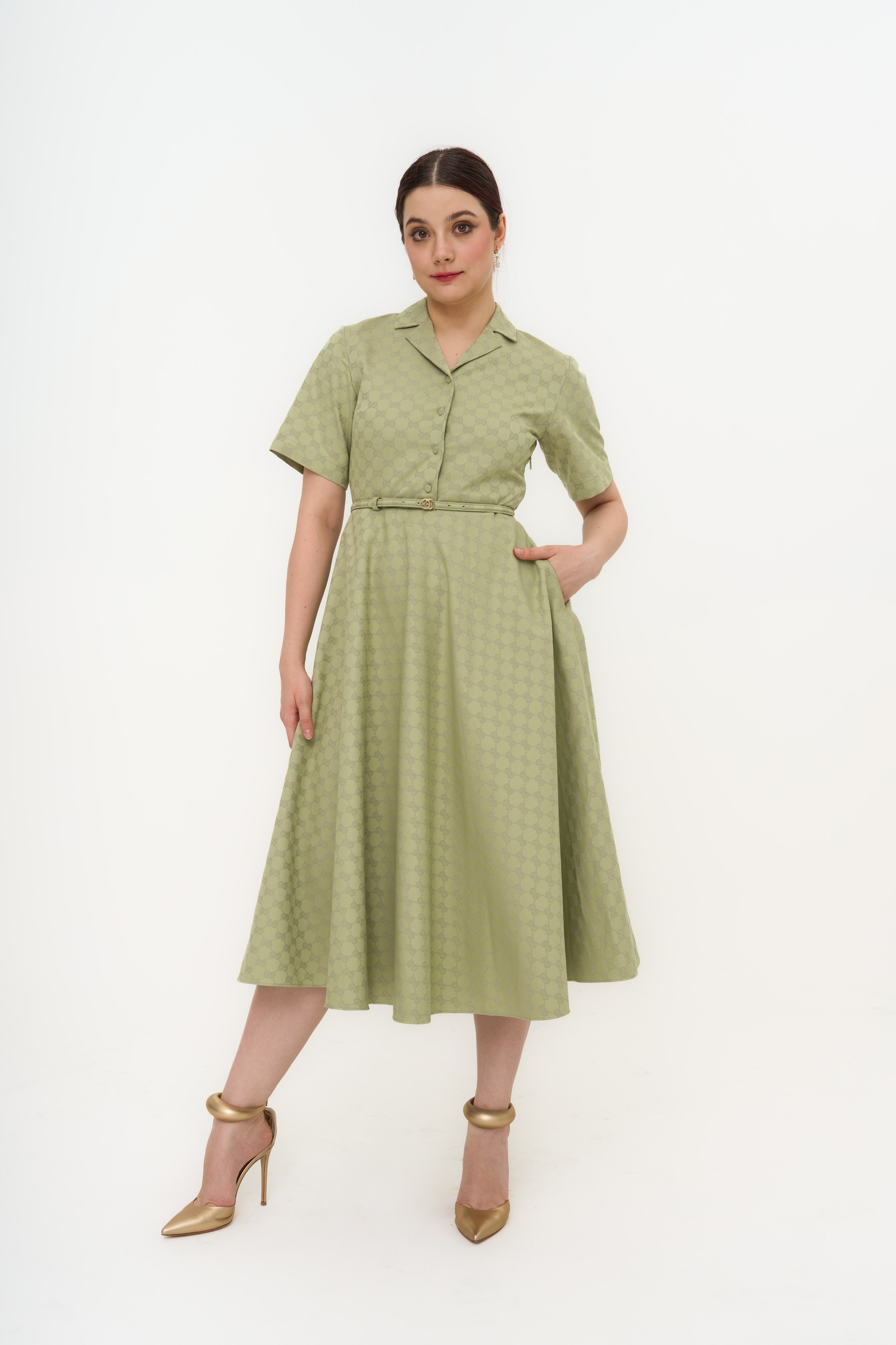 GUCCI GG Monogram Belted Gabardine-Jaquard Midi Dress